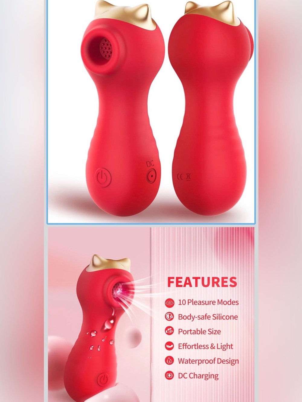 Red Silicone Self-care Massager with Gold Accent - Picture 4 of 5